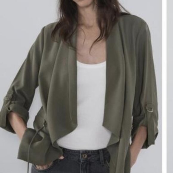 Zara Basic Waterfall Open Front Utiilty Jacket In Olive Green Size M EUC - Picture 2 of 15
